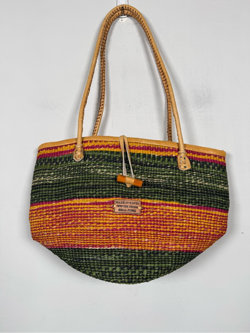 Handwoven Kenyan Kiondo Sisal Fiber Stripe Market Tote Bag Leather Strap